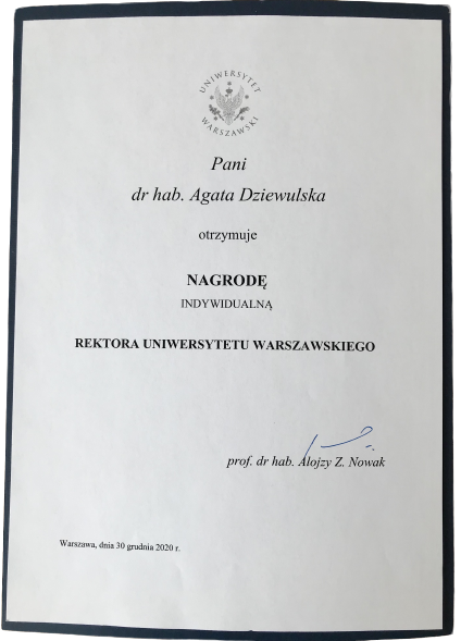 Dyplom - Nagroda Rektora UW dla dr hab. Agaty Dziewulskiej