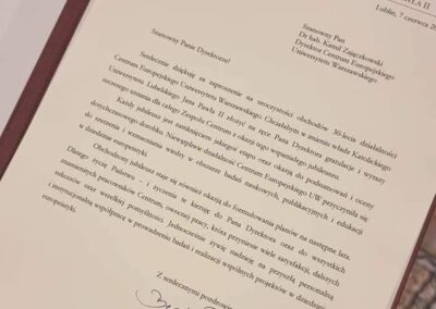 List gratulacyjne od dr hab. Beaty Piskorskiej, Prorektor ds. studentów, doktorantów i rozwoju KUL